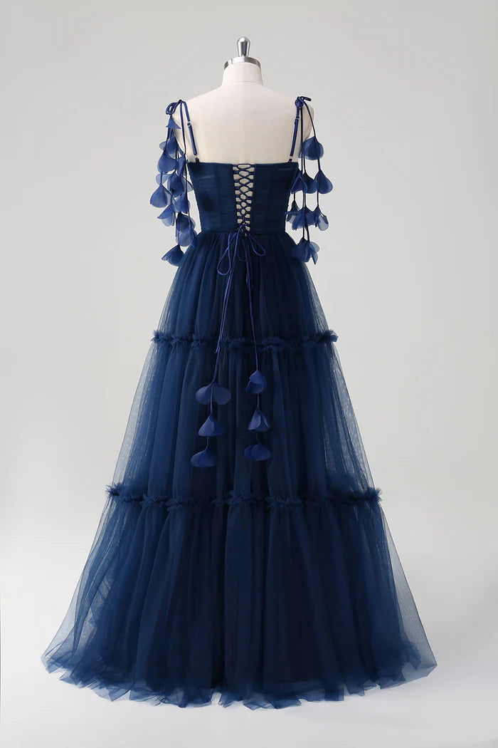Robe Weitese A-Line Princesse Bleu Marine Bretelles à Nouer Tulle Corset Maxi Robe Robe de Bal Longueur Sol Robe de Soirée